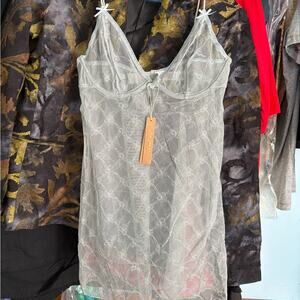 NWT SKIMS Underwire Bow Tulle Slip Dress Mercury Sheer Lace Lingerie Size L